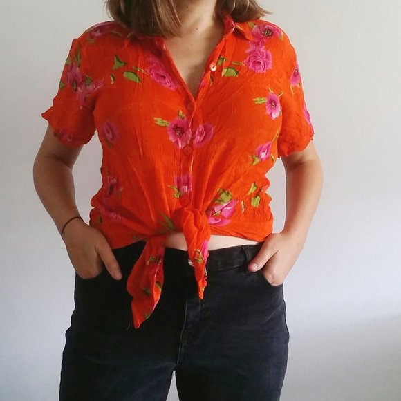 1990’s Tequila Sunrise Rayon Floral Top - Picture 2 of 6